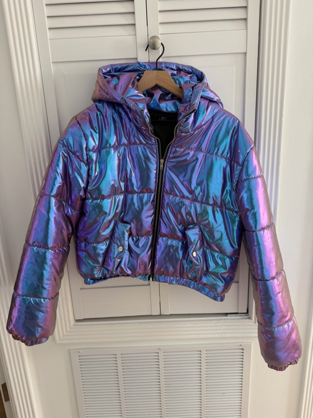 Iridescent Purple Puffer Jacket with Hood
